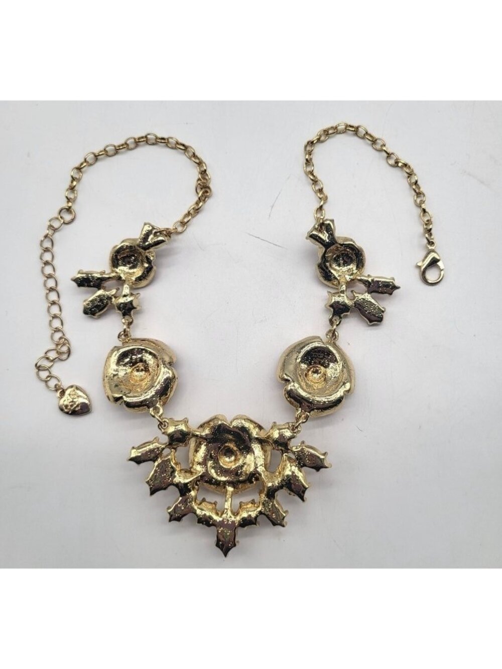 Betsey Johnson Pink Crystal Rhinestone Floral Rose Necklace Statement Gold Tone - Picture 2 of 10